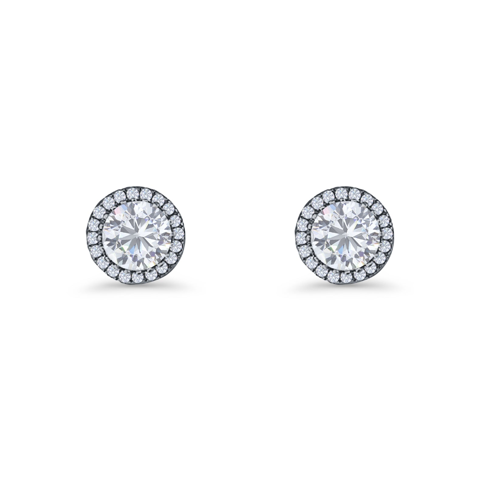 Round Stud Earrings 8.5mm Halo Cubic Zirconia 925 Sterling Silver
