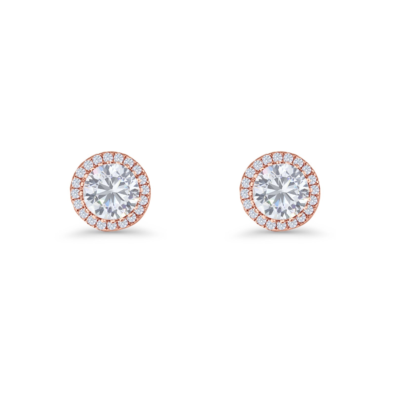 Round Stud Earrings 8.5mm Halo Cubic Zirconia 925 Sterling Silver