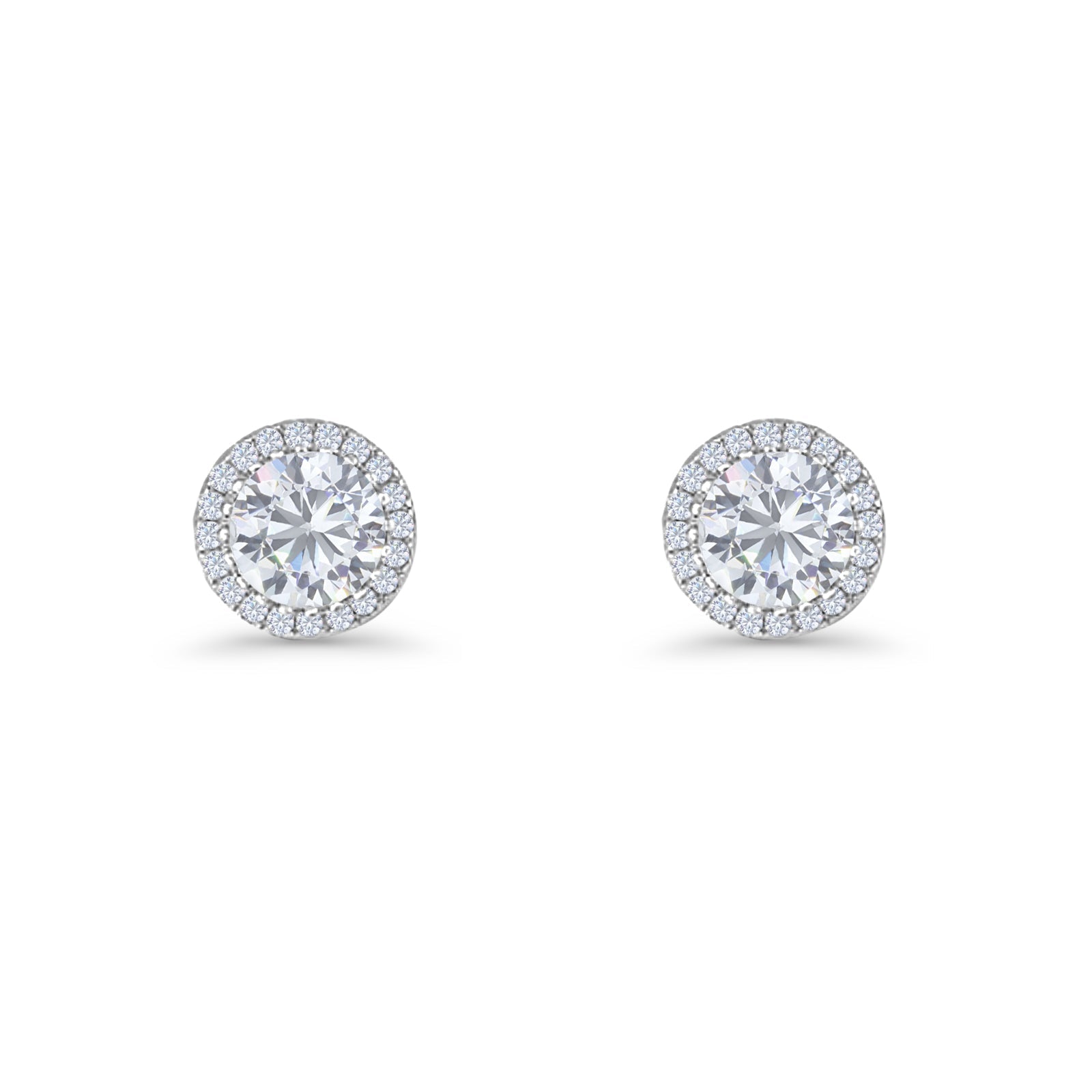 Round Stud Earrings 8.5mm Halo Cubic Zirconia 925 Sterling Silver