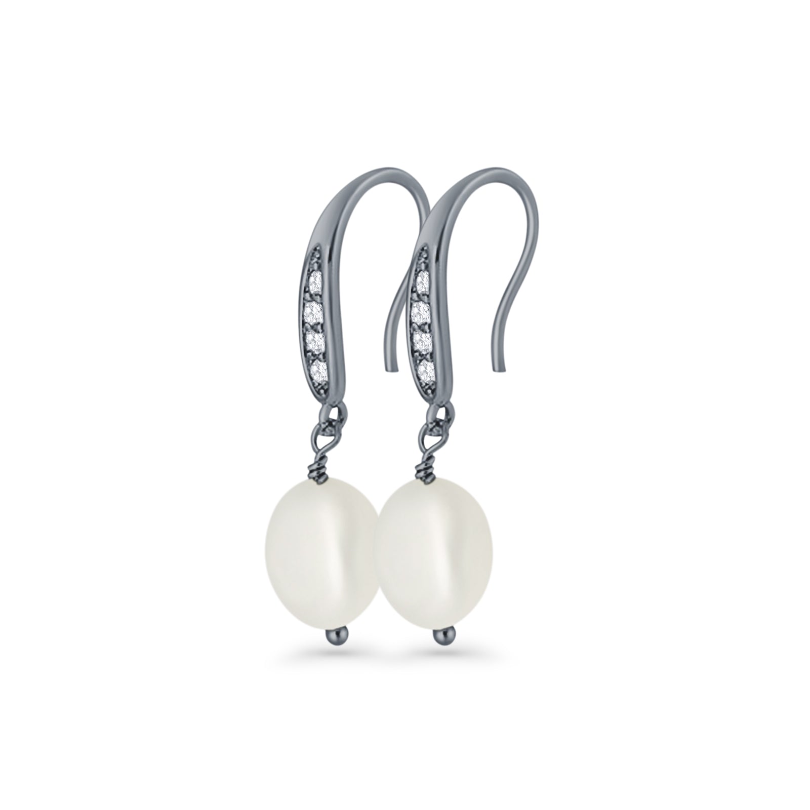 Drop Dangle 32mm Oval Pearl Fishhook Earring Cubic Zirconia 925 Sterling Silver