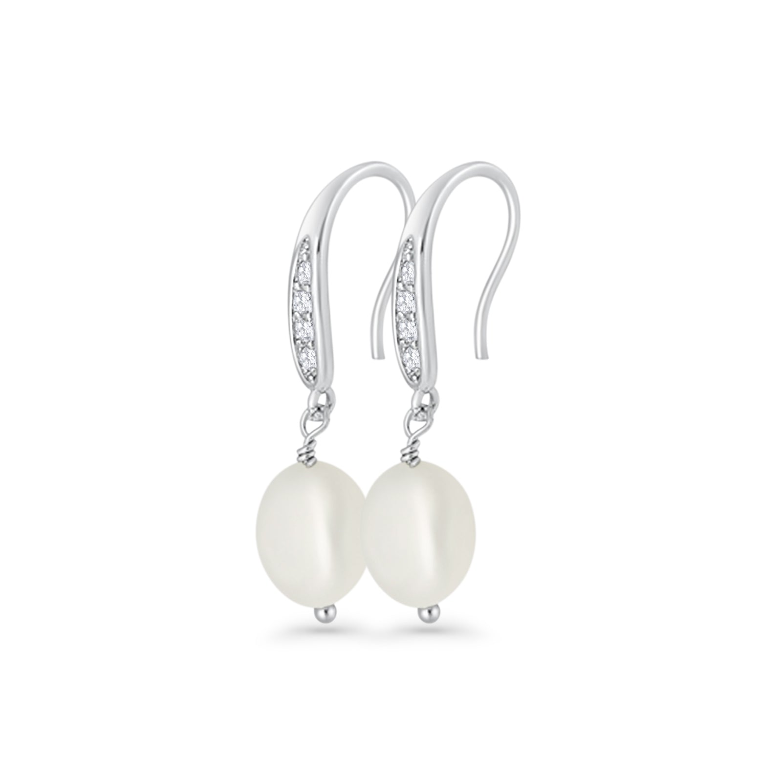 Drop Dangle 32mm Oval Pearl Fishhook Earring Cubic Zirconia 925 Sterling Silver