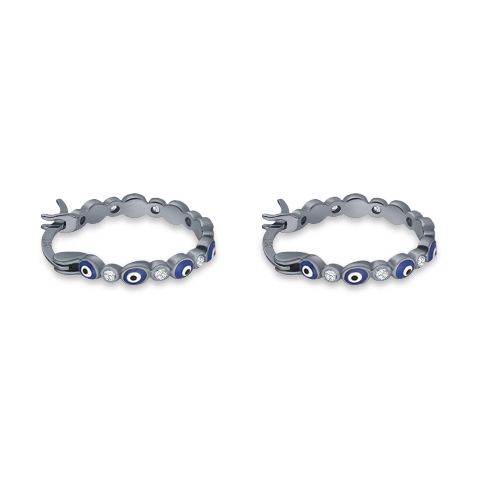 Evil Eye Hoop Earring 15mm Round Cubic Zirconia 925 Sterling Silver