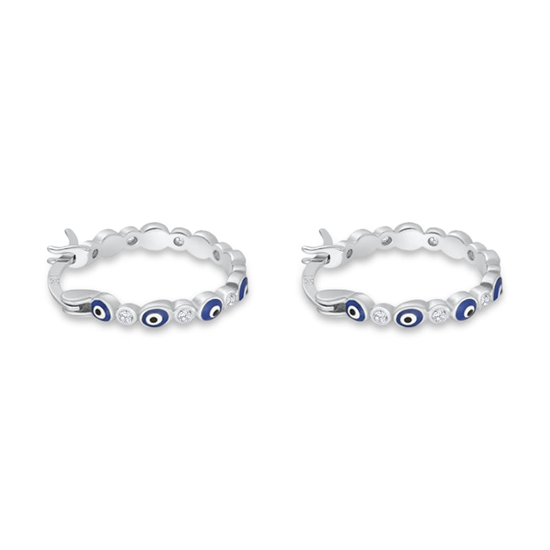 Evil Eye Hoop Earring 15mm Round Cubic Zirconia 925 Sterling Silver