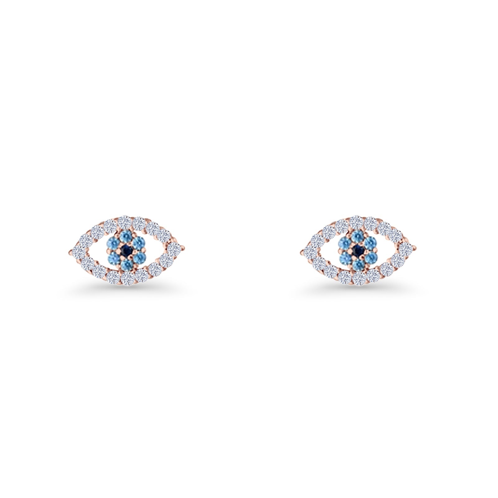 Evil Eye Earrings 6.2mm Floral Blue & Clear Cubic Zirconia 925 Sterling Silver