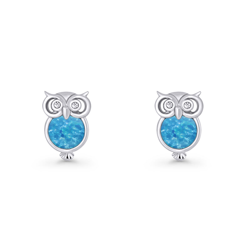 Round 9.7mm Lab Created Opal Owl Stud Earring 925 Sterling Silver