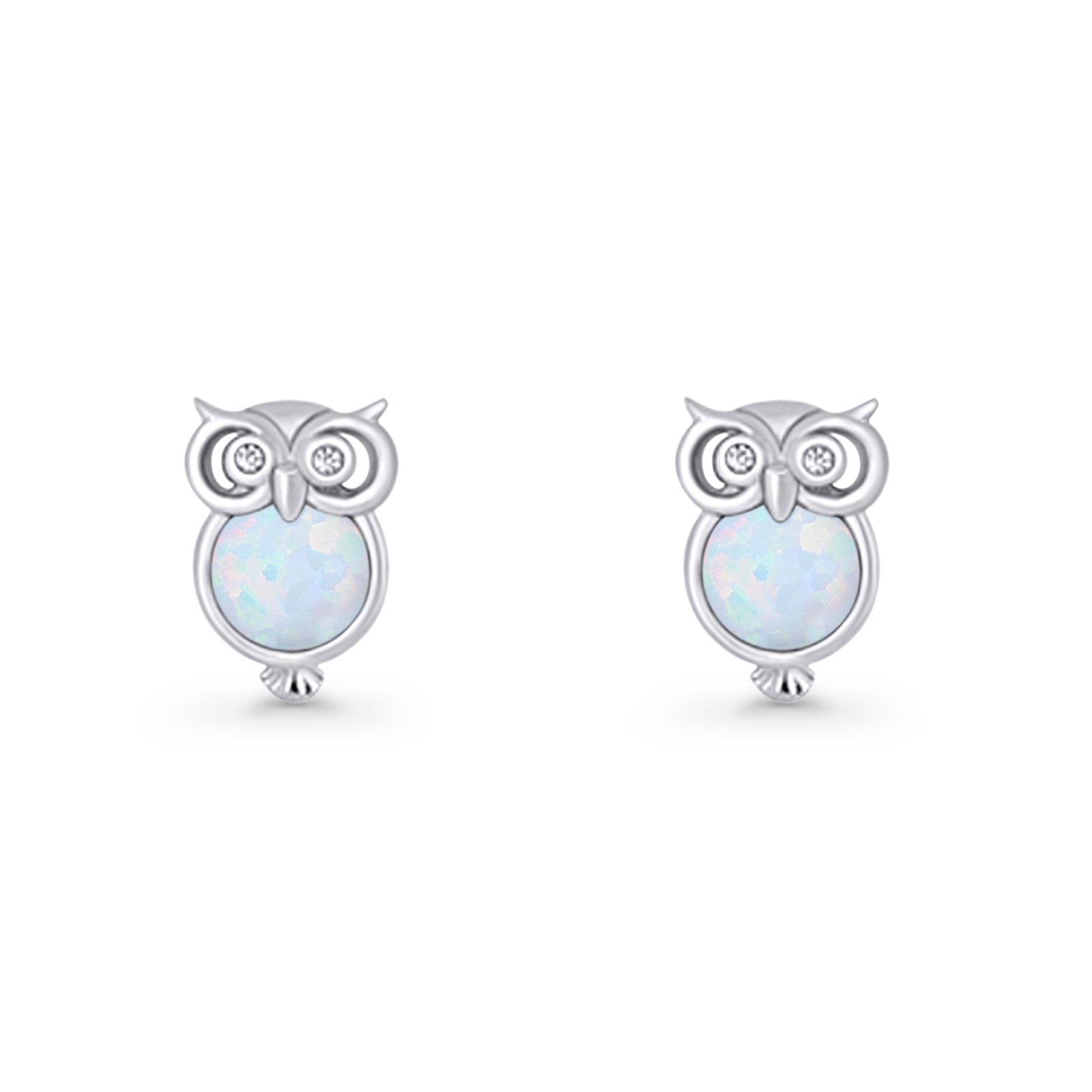 Round 9.7mm Lab Created Opal Owl Stud Earring 925 Sterling Silver
