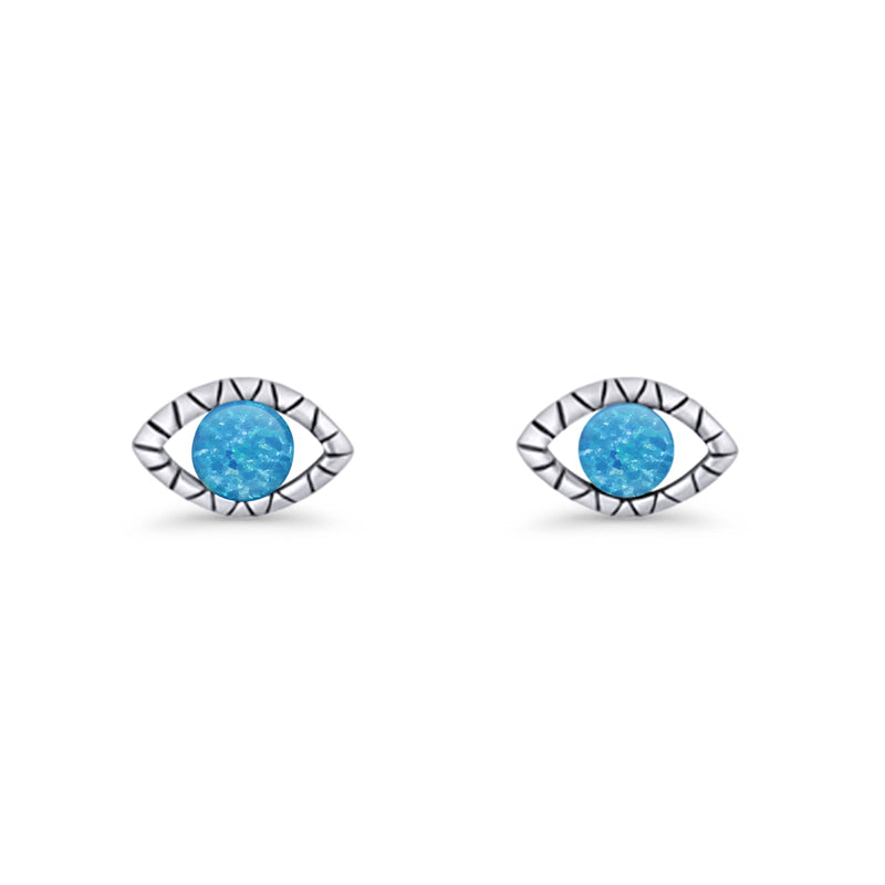 Eyelashes Eye Stud Earring 4.8mm Lab Created Opal Oxidized 925 Sterling Silver