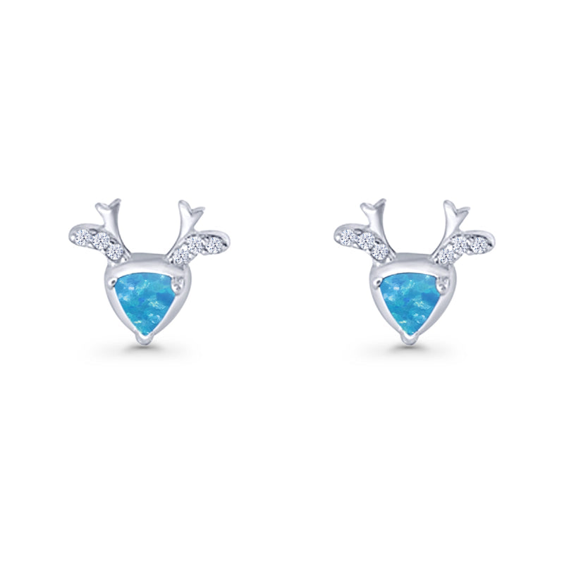Triangular 7.3mm Lab Created Opal Deer Antlers Stud Earring 925 Sterling Silver