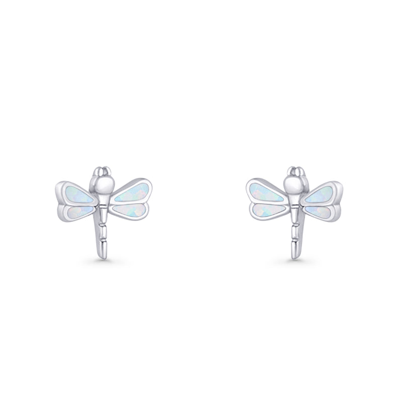 Dragonfly Stud Earring 8.8mm Lab Created Opal 925 Sterling Silver