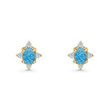 Floral Oval Stud Earring Lab Created White Opal  925 Sterling Silver