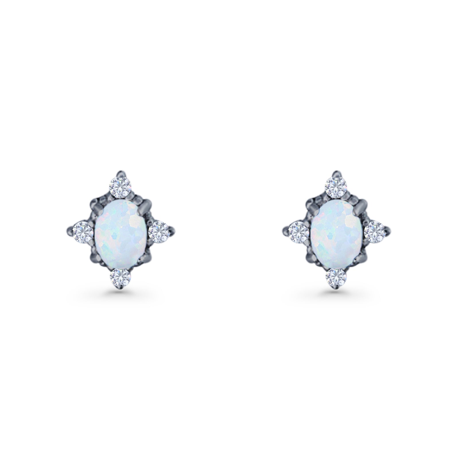 Floral Oval Stud Earring Lab Created White Opal  925 Sterling Silver