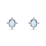 Floral Oval Stud Earring Lab Created White Opal  925 Sterling Silver