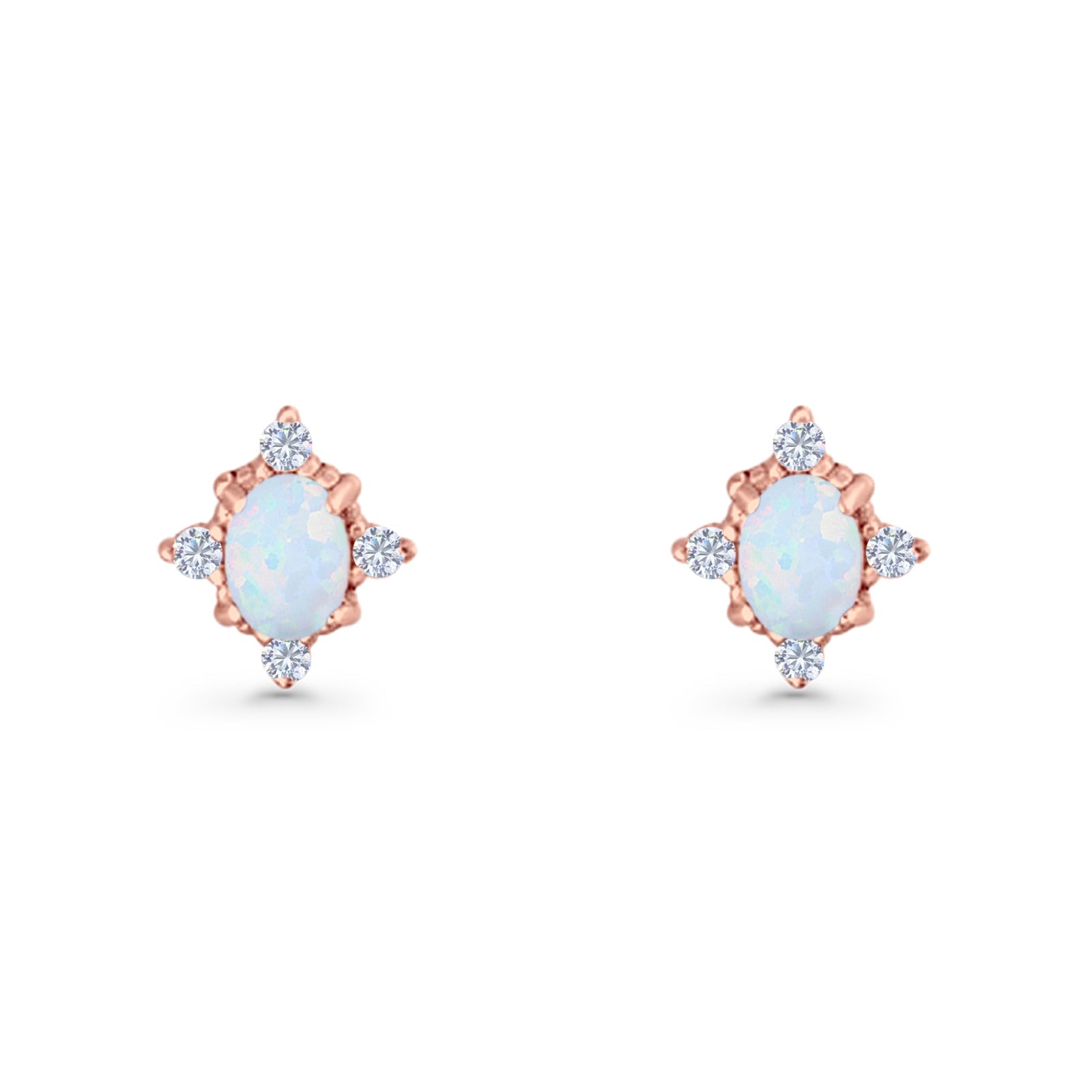 Floral Oval Stud Earring Lab Created White Opal  925 Sterling Silver