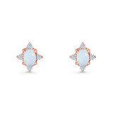 Floral Oval Stud Earring Lab Created White Opal  925 Sterling Silver