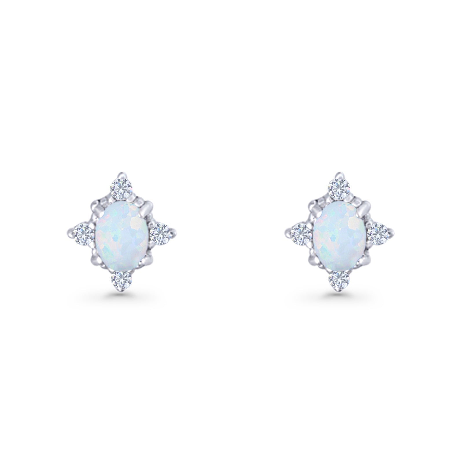 Floral Oval Stud Earring Lab Created White Opal  925 Sterling Silver