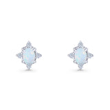 Floral Oval Stud Earring Lab Created White Opal  925 Sterling Silver