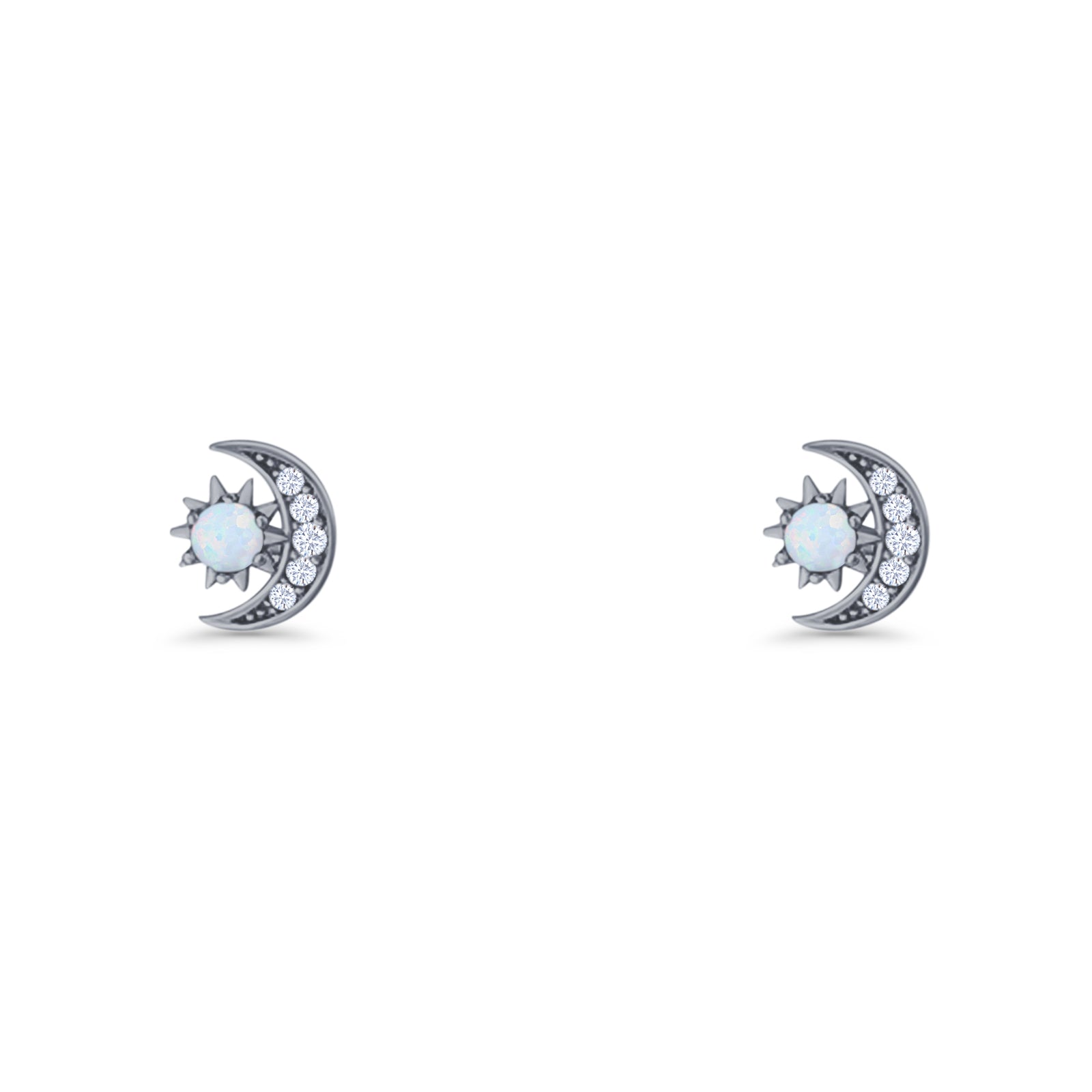 Moon & Star 8.4mm Stud Earring Lab Created White Opal 925 Sterling Silver