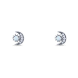 Moon & Star 8.4mm Stud Earring Lab Created White Opal 925 Sterling Silver