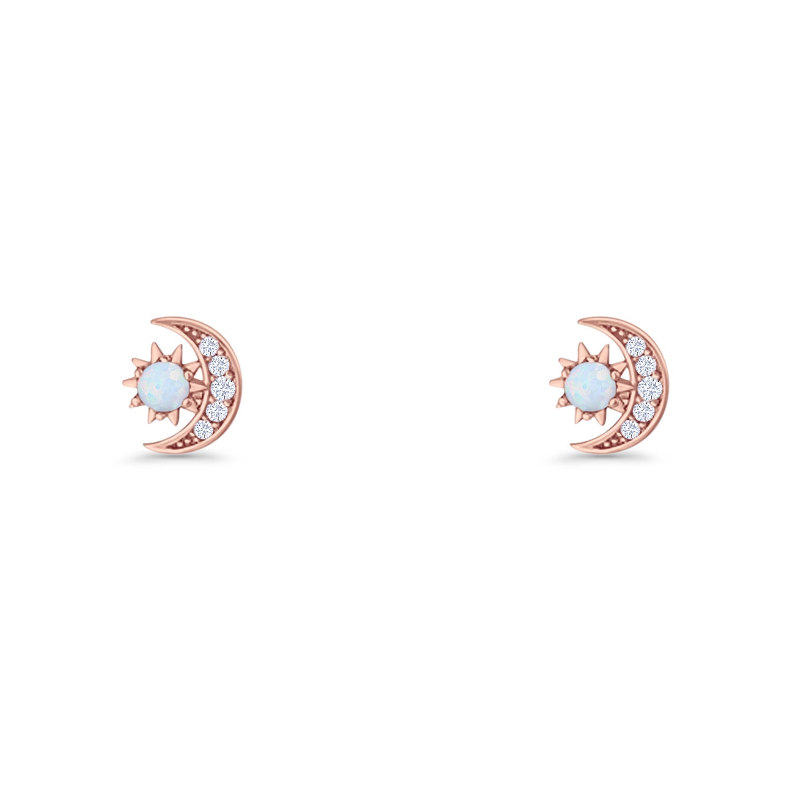 Moon & Star 8.4mm Stud Earring Lab Created White Opal 925 Sterling Silver