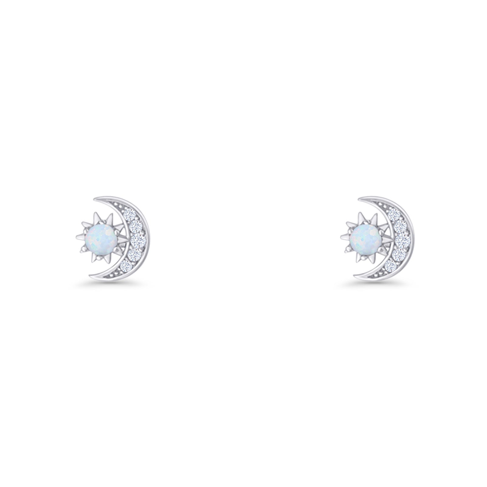 Moon & Star 8.4mm Stud Earring Lab Created White Opal 925 Sterling Silver