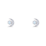 Moon & Star 8.4mm Stud Earring Lab Created White Opal 925 Sterling Silver