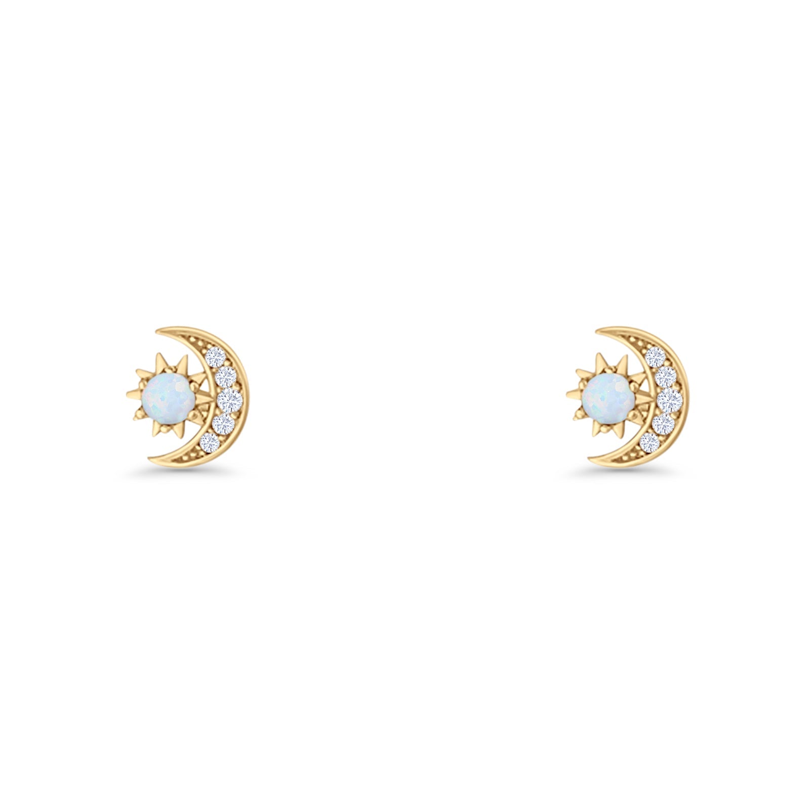 Moon & Star 8.4mm Stud Earring Lab Created White Opal 925 Sterling Silver