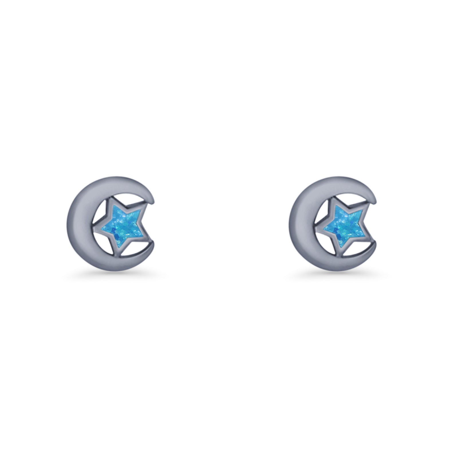Crescent Moon & Star Stud Earring Lab Created Opal 925 Sterling Silver