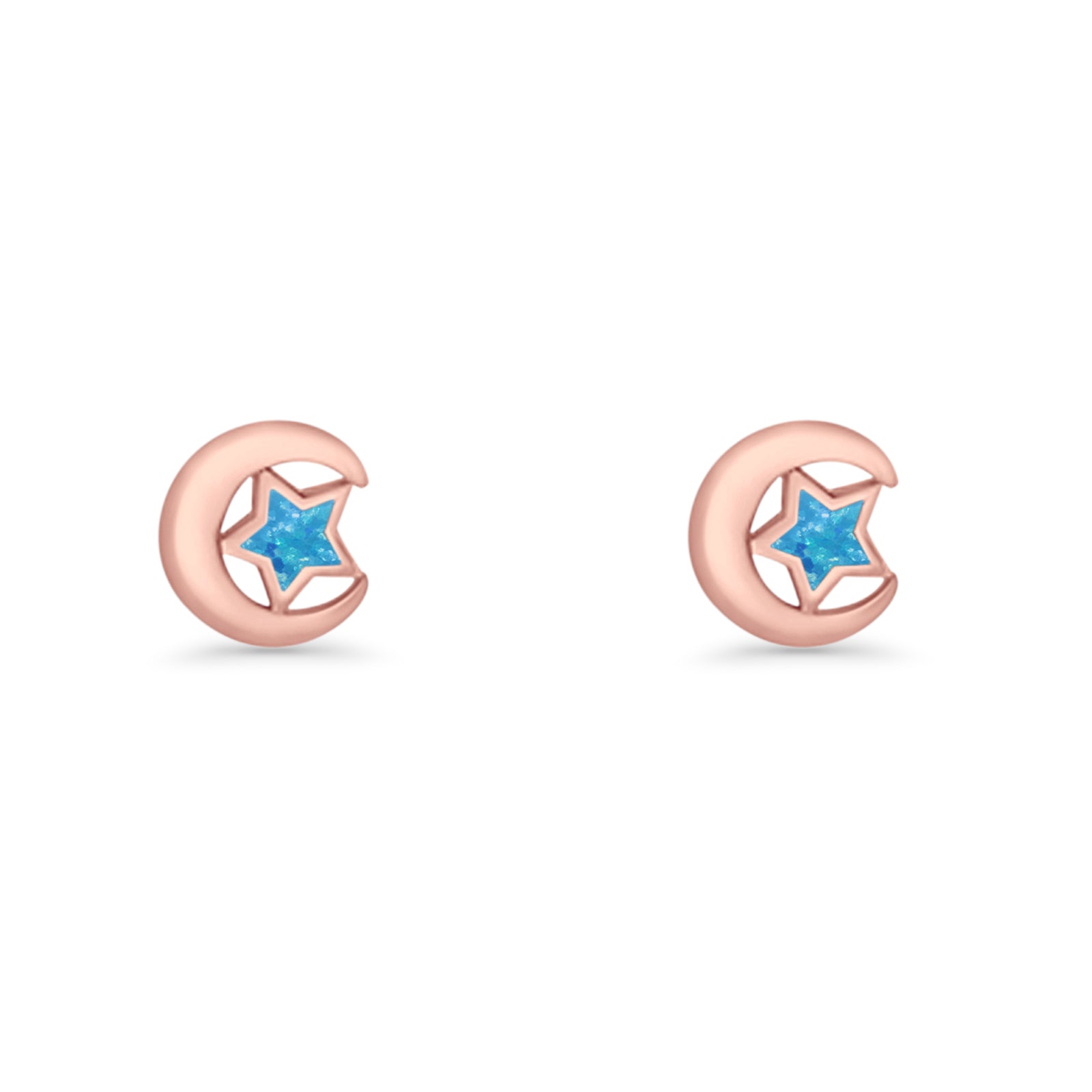 Crescent Moon & Star Stud Earring Lab Created Opal 925 Sterling Silver
