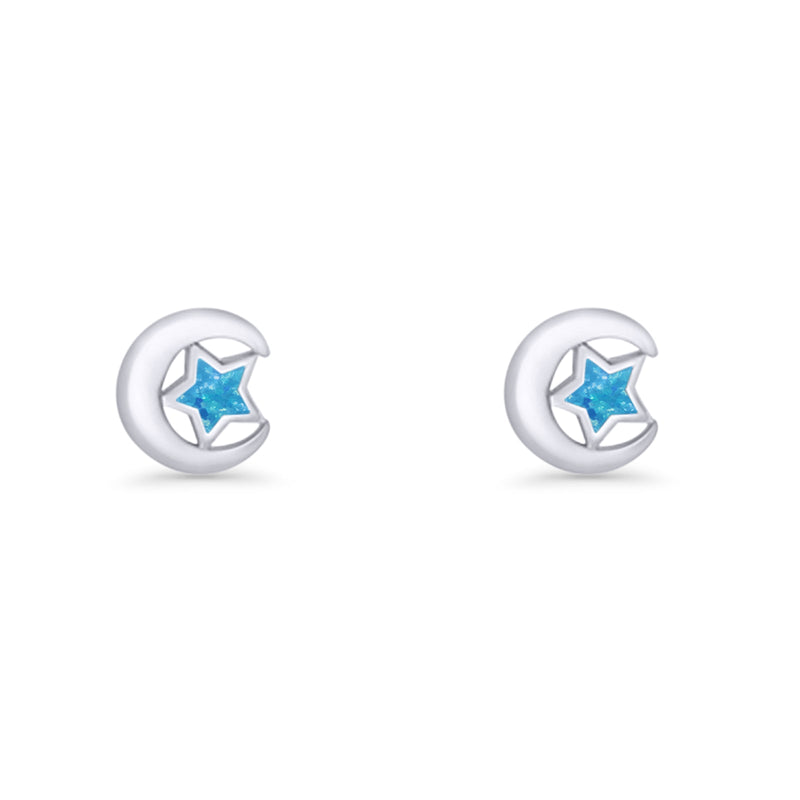 Crescent Moon & Star Stud Earring Lab Created Opal 925 Sterling Silver