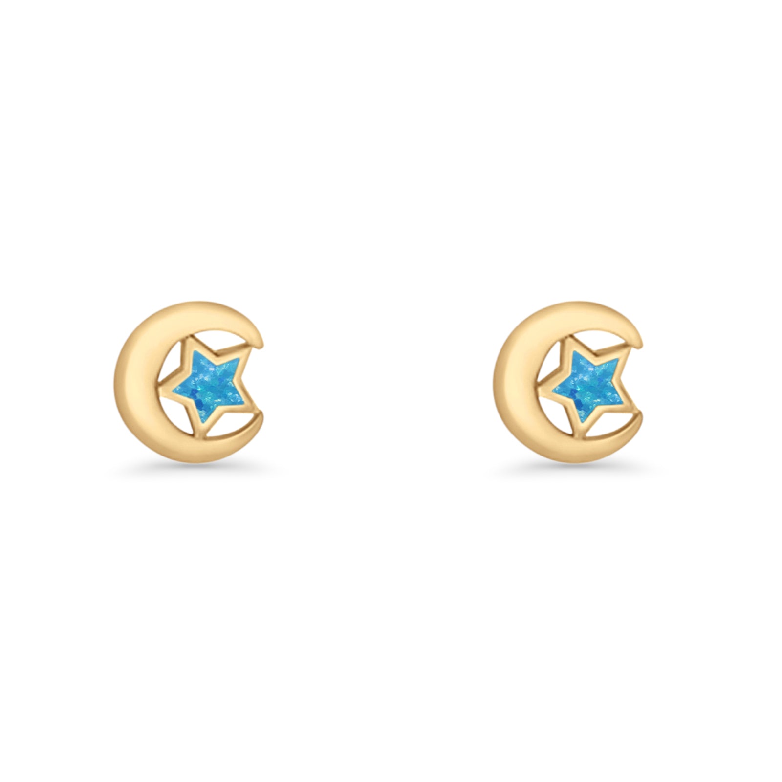 Crescent Moon & Star Stud Earring Lab Created Opal 925 Sterling Silver