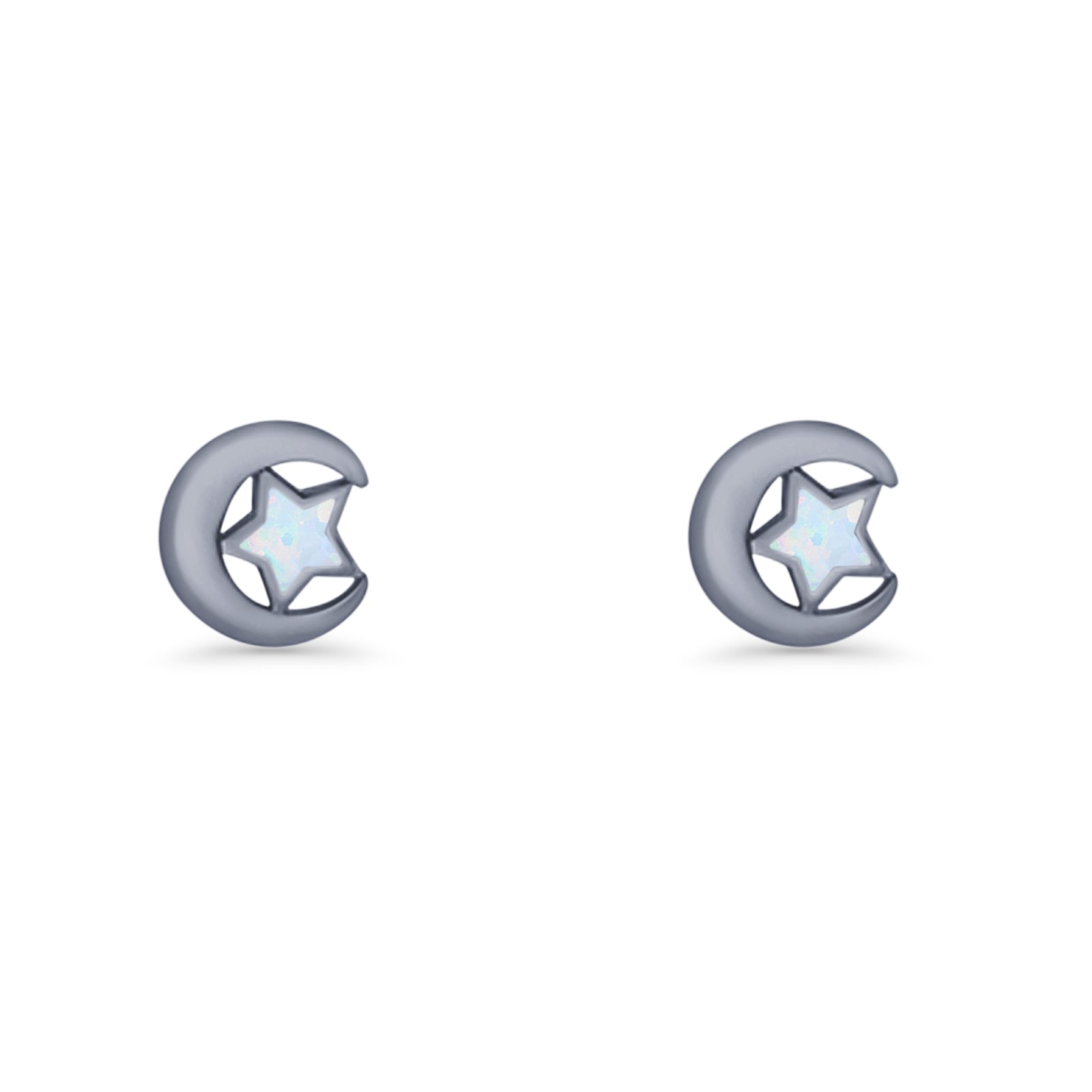 Crescent Moon & Star Stud Earring Lab Created Opal 925 Sterling Silver