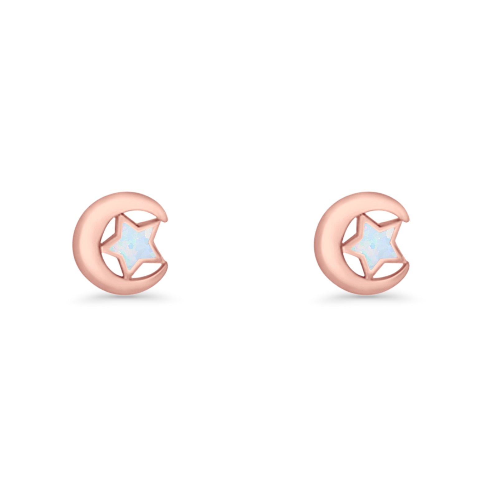 Crescent Moon & Star Stud Earring Lab Created Opal 925 Sterling Silver