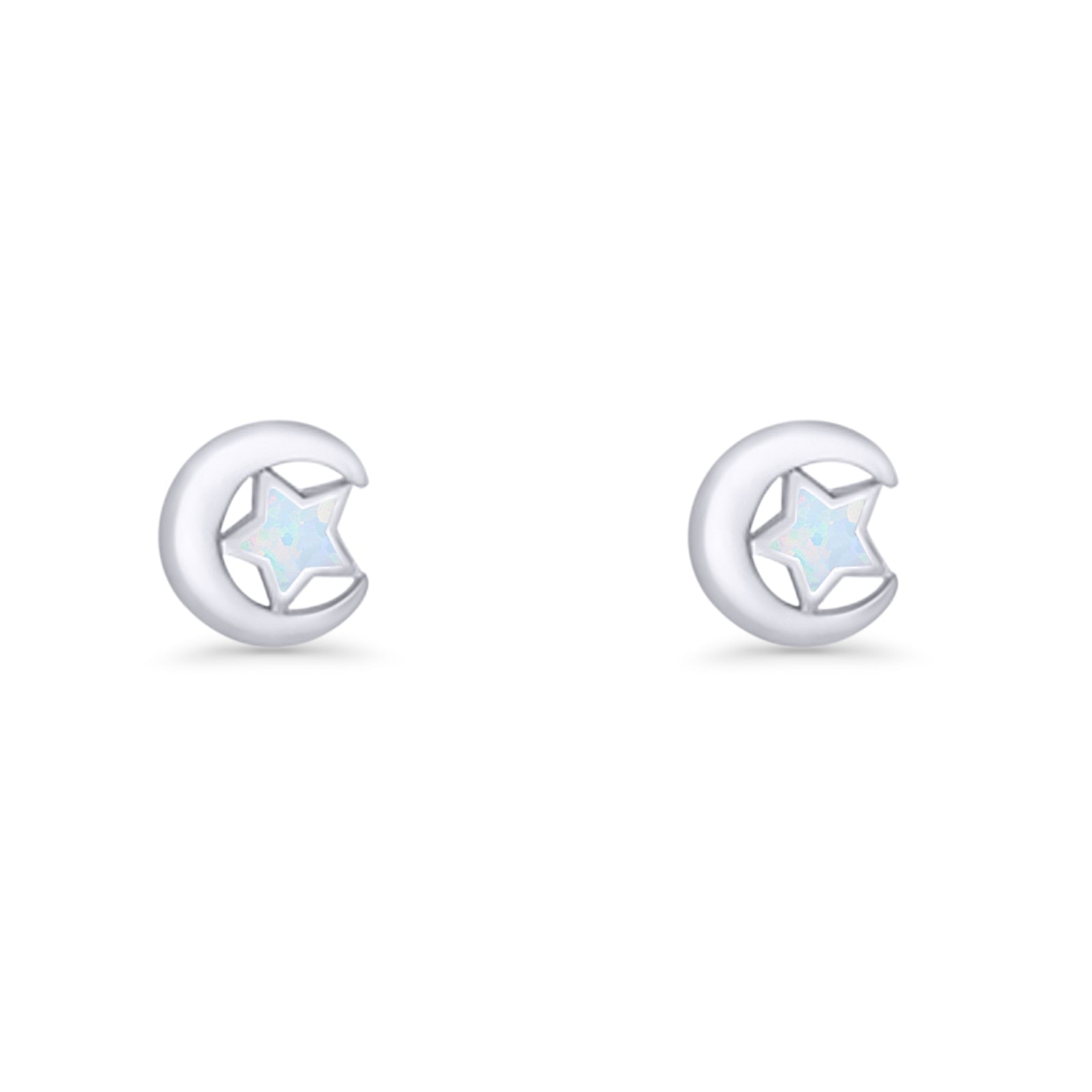 Crescent Moon & Star Stud Earring Lab Created Opal 925 Sterling Silver