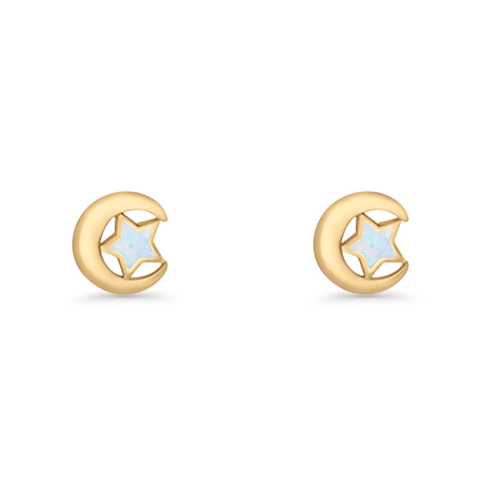 Crescent Moon & Star Stud Earring Lab Created Opal 925 Sterling Silver