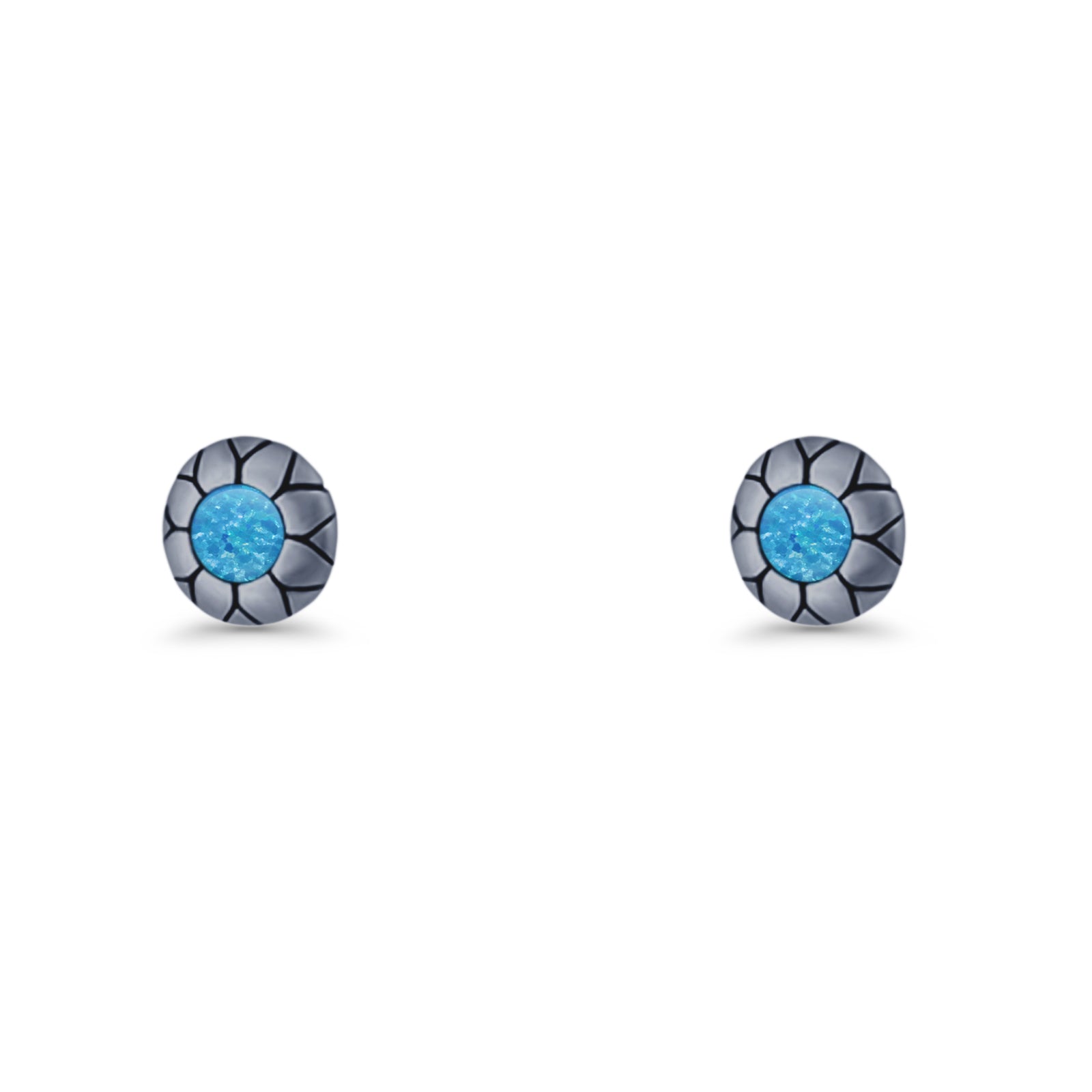 Flower Stud Earring 5.8mm Lab Created Opal Oxidized 925 Sterling Silver