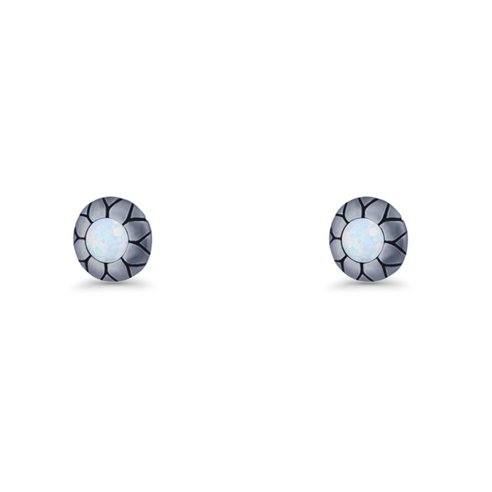 Flower Stud Earring 5.8mm Lab Created Opal Oxidized 925 Sterling Silver