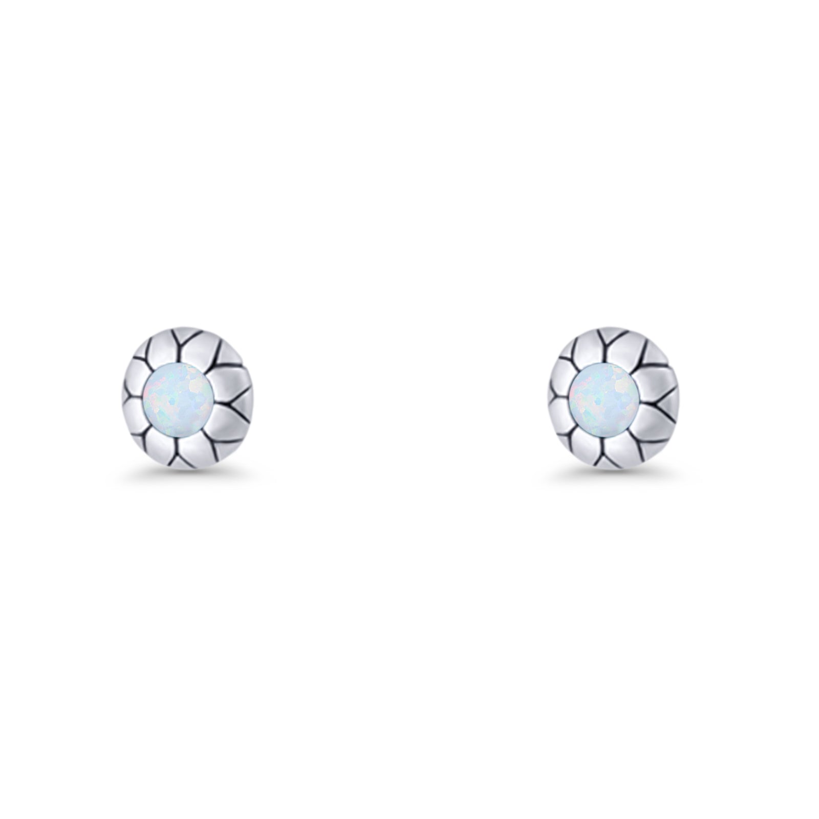 Flower Stud Earring 5.8mm Lab Created Opal Oxidized 925 Sterling Silver