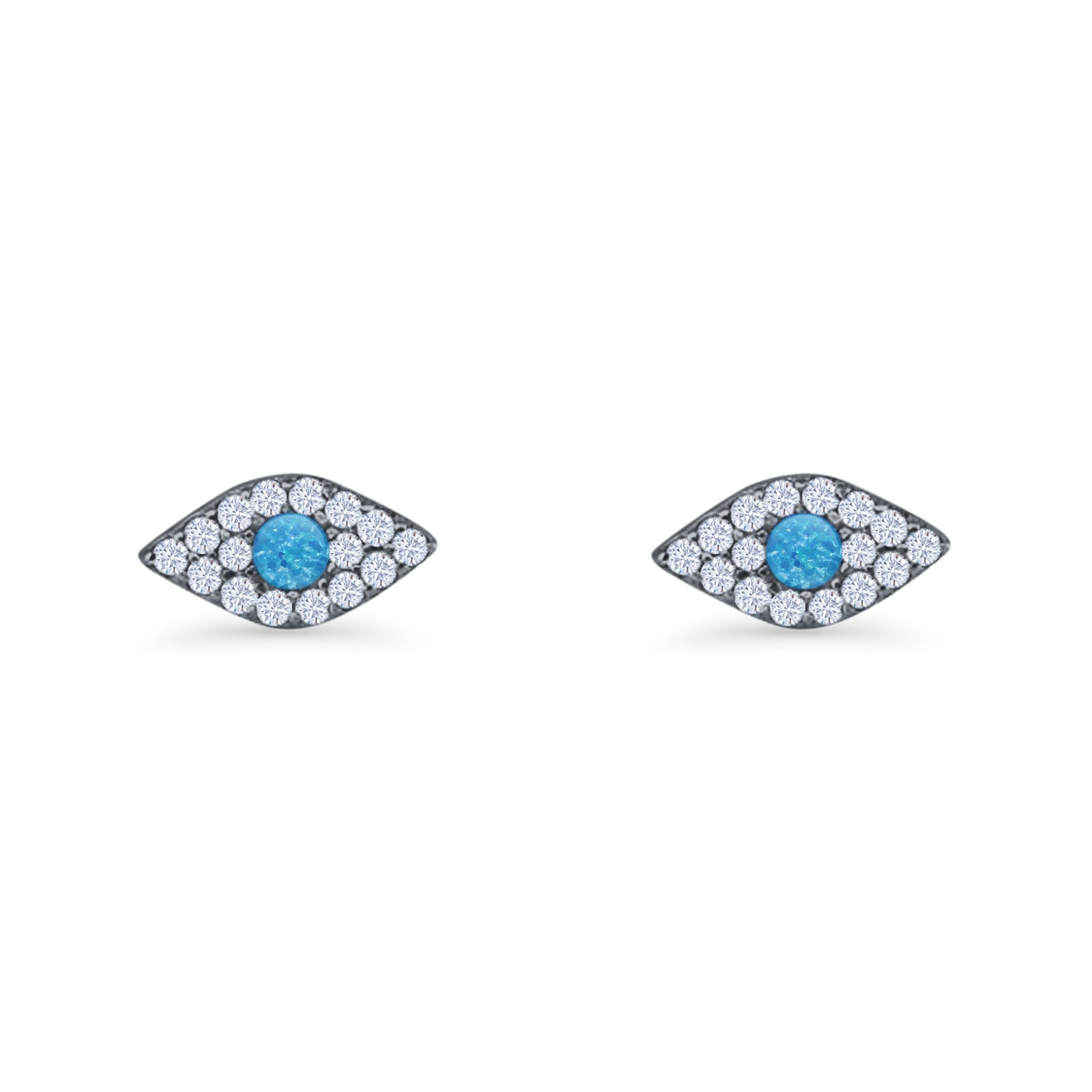 Round Lab Created Opal 6.6mm Marquise Evil Eye Stud Earring 925 Sterling Silver
