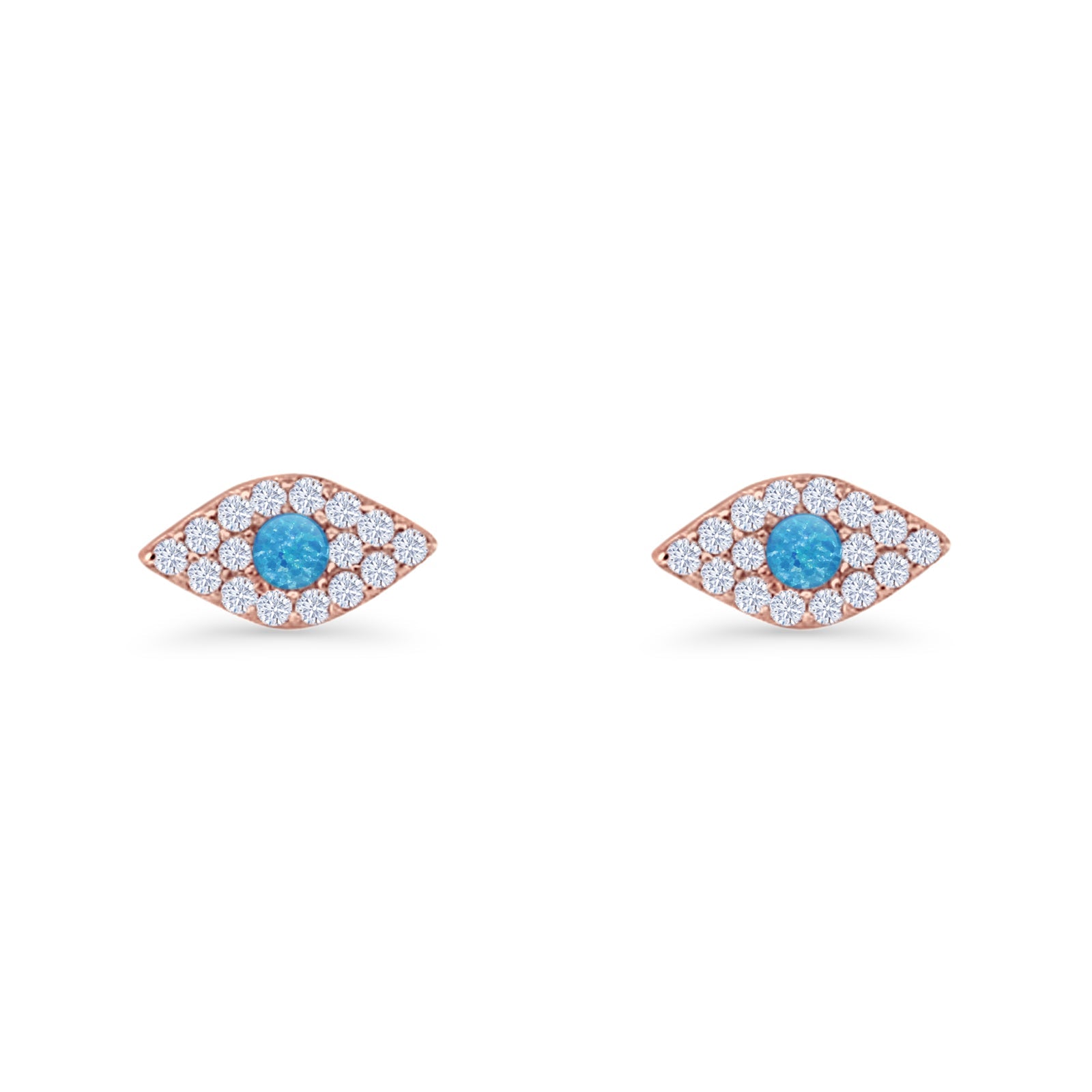 Round Lab Created Opal 6.6mm Marquise Evil Eye Stud Earring 925 Sterling Silver