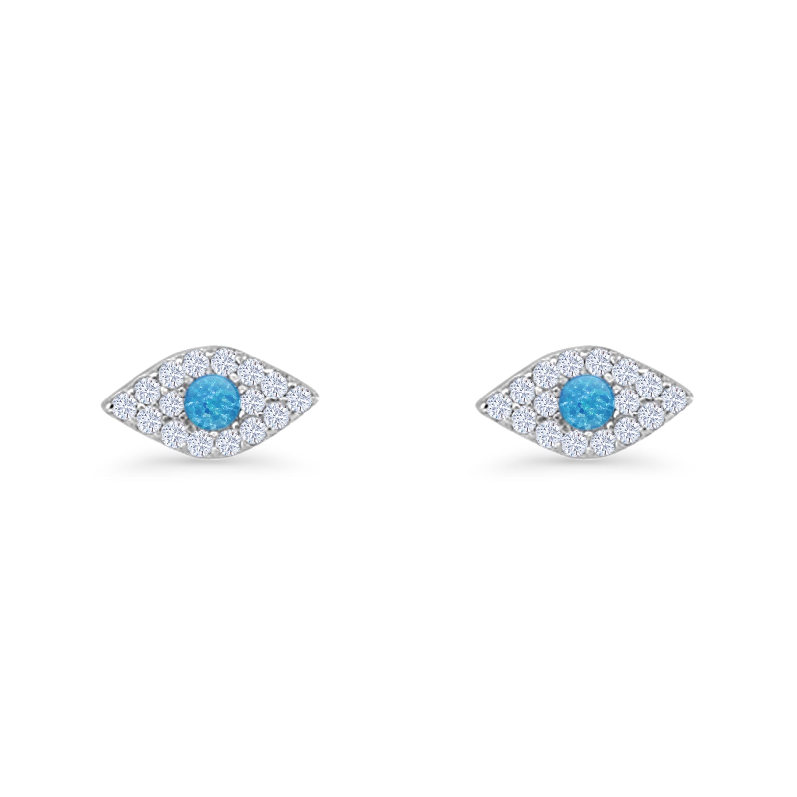 Round Lab Created Opal 6.6mm Marquise Evil Eye Stud Earring 925 Sterling Silver