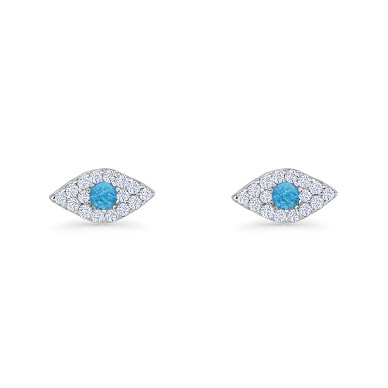 Round Lab Created Opal 6.6mm Marquise Evil Eye Stud Earring 925 Sterling Silver