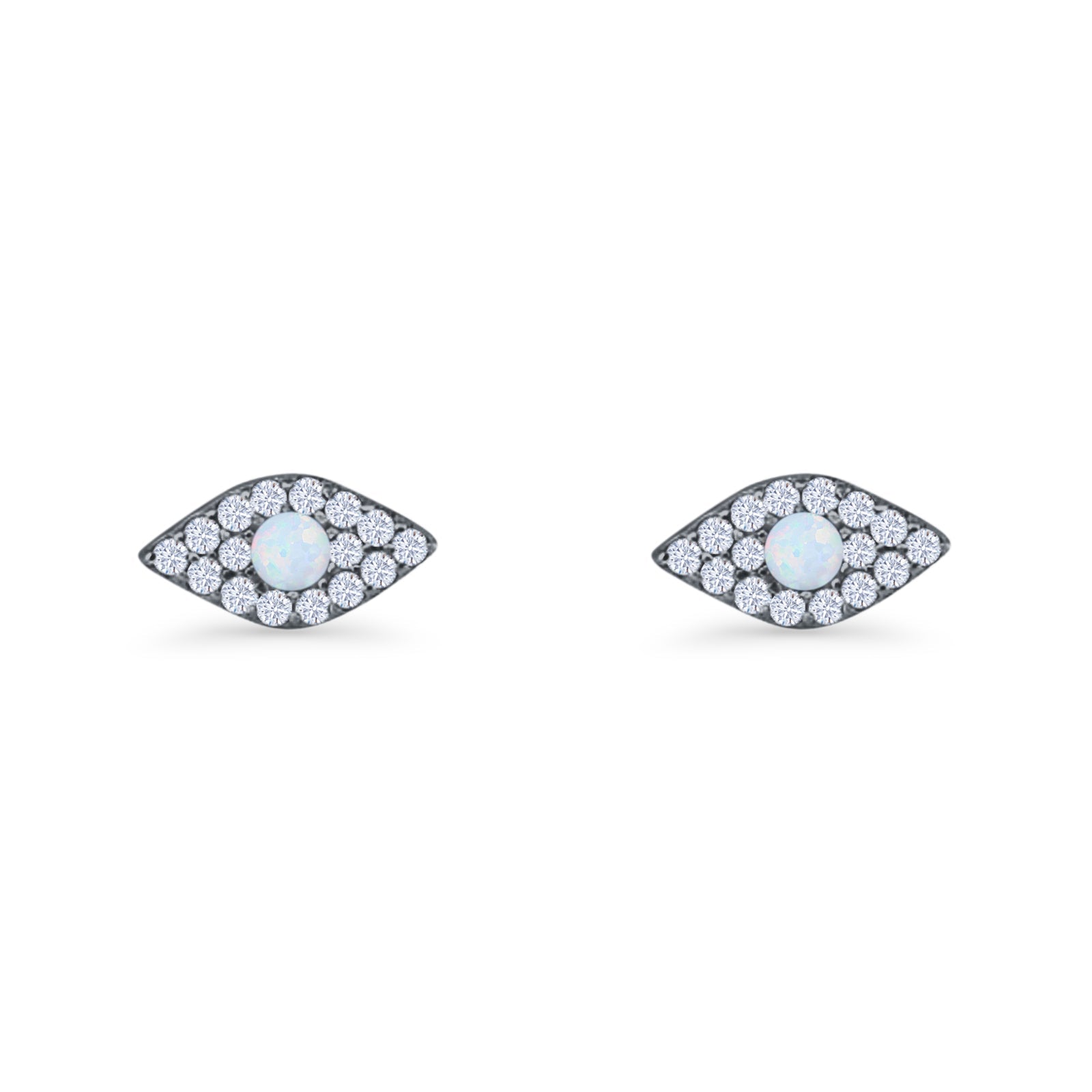 Round Lab Created Opal 6.6mm Marquise Evil Eye Stud Earring 925 Sterling Silver