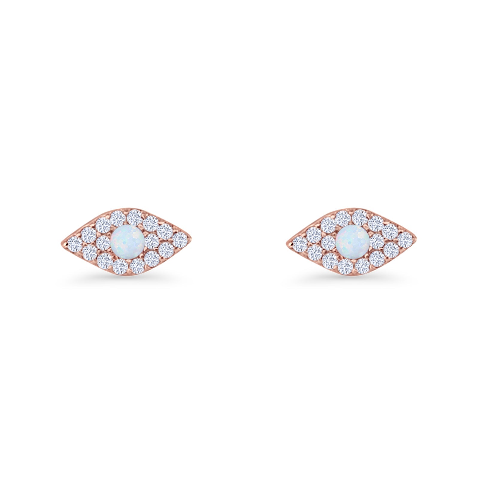 Round Lab Created Opal 6.6mm Marquise Evil Eye Stud Earring 925 Sterling Silver