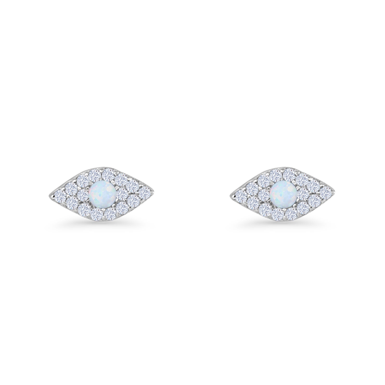 Round Lab Created Opal 6.6mm Marquise Evil Eye Stud Earring 925 Sterling Silver