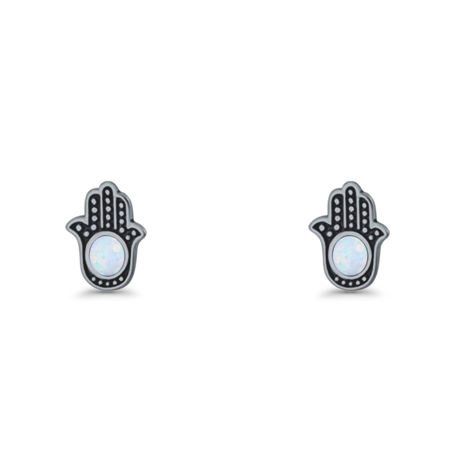 Round 9mm Lab Created Opal Hand Of Hamsa Stud Earring Oxidized 925 Sterling Silver