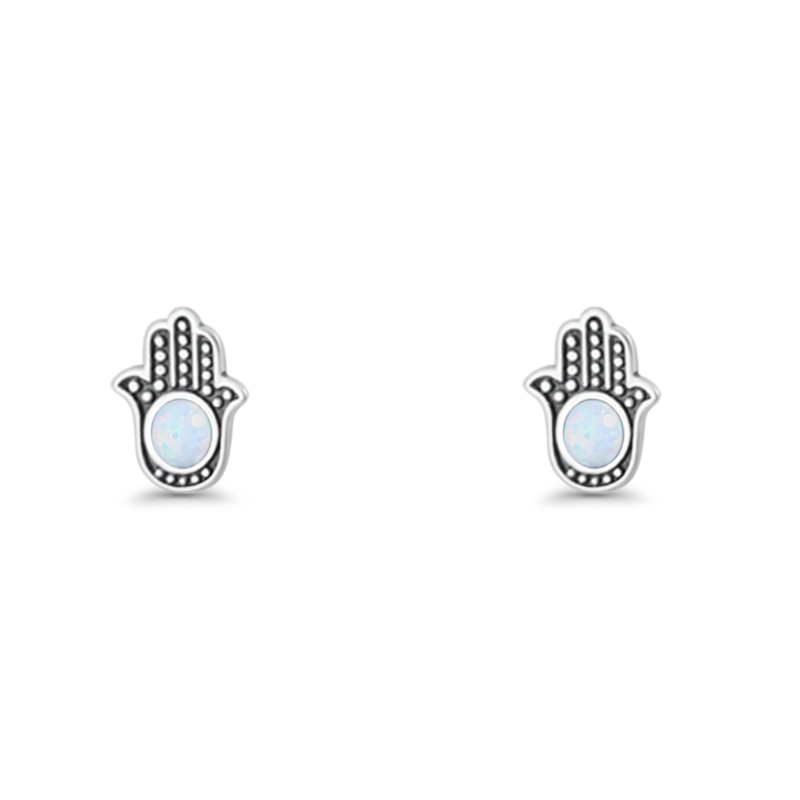 Round 9mm Lab Created Opal Hand Of Hamsa Stud Earring Oxidized 925 Sterling Silver