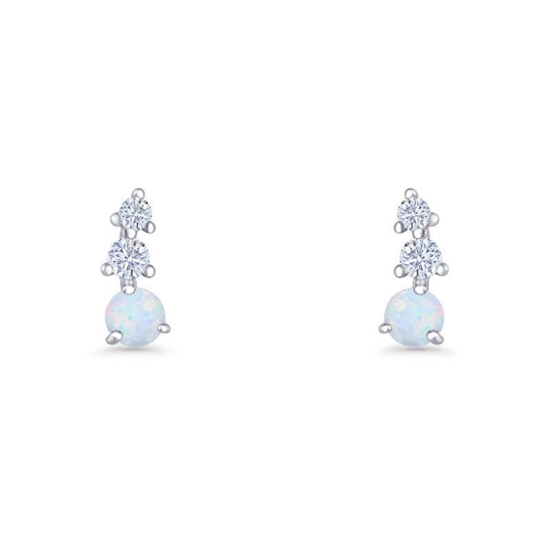 Three Stone Lab Created Opal 8.2mm Tapered CZ Stud Earring 925 Sterling Silver
