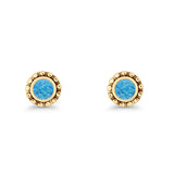 Round Beaded 7.2mm Lab Created Opal Stud Earring Oxidized 925 Sterling Silver