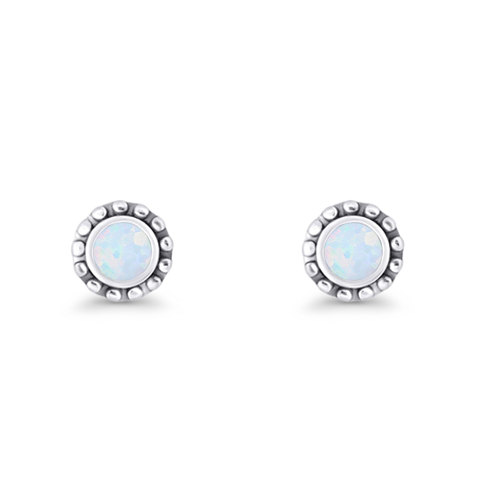 Round Beaded 7.2mm Lab Created Opal Stud Earring Oxidized 925 Sterling Silver