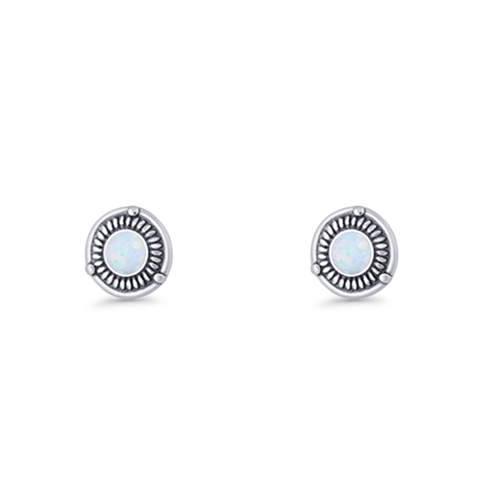 Floral Boho Stud Earring 7.4mm Oxidized Lab Created Opal 925 Sterling Silver